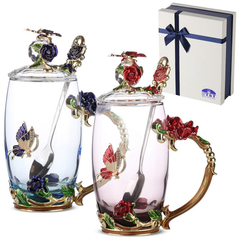 Brew To A Tea BTaT- Floral Glass Tea Cups with Lids, Pack of 2, Flower Tea Cups, Flower Glass Mug, Christmas Gifts - Image 1